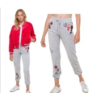 Juicy Couture Black Label Mushroom Velvet Joggers Y2K Velour Trendy Rose Flower